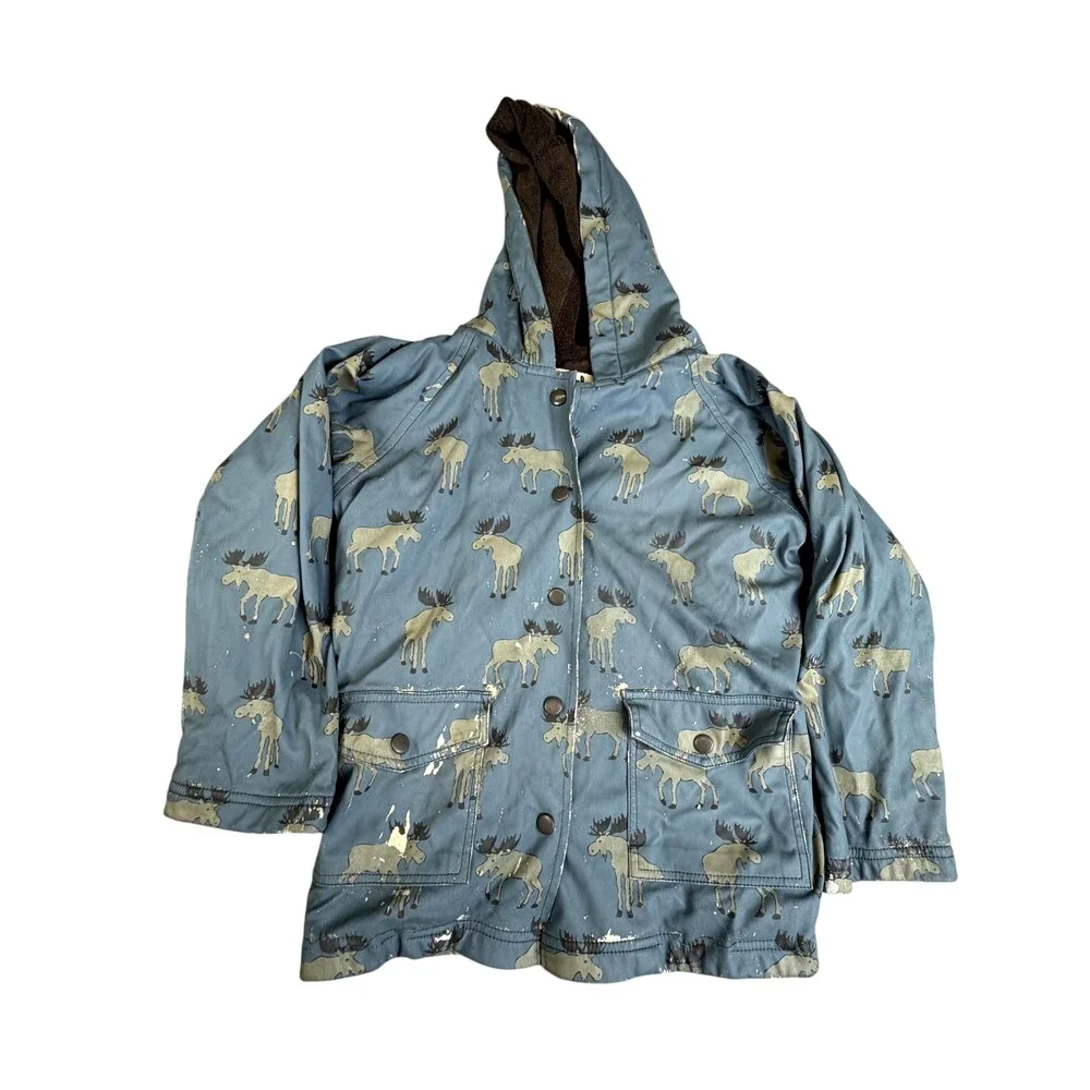 Hatley Rain Coat Kids 6-7 Blue Moose Print Hooded Snap Terry Lined Rainwear